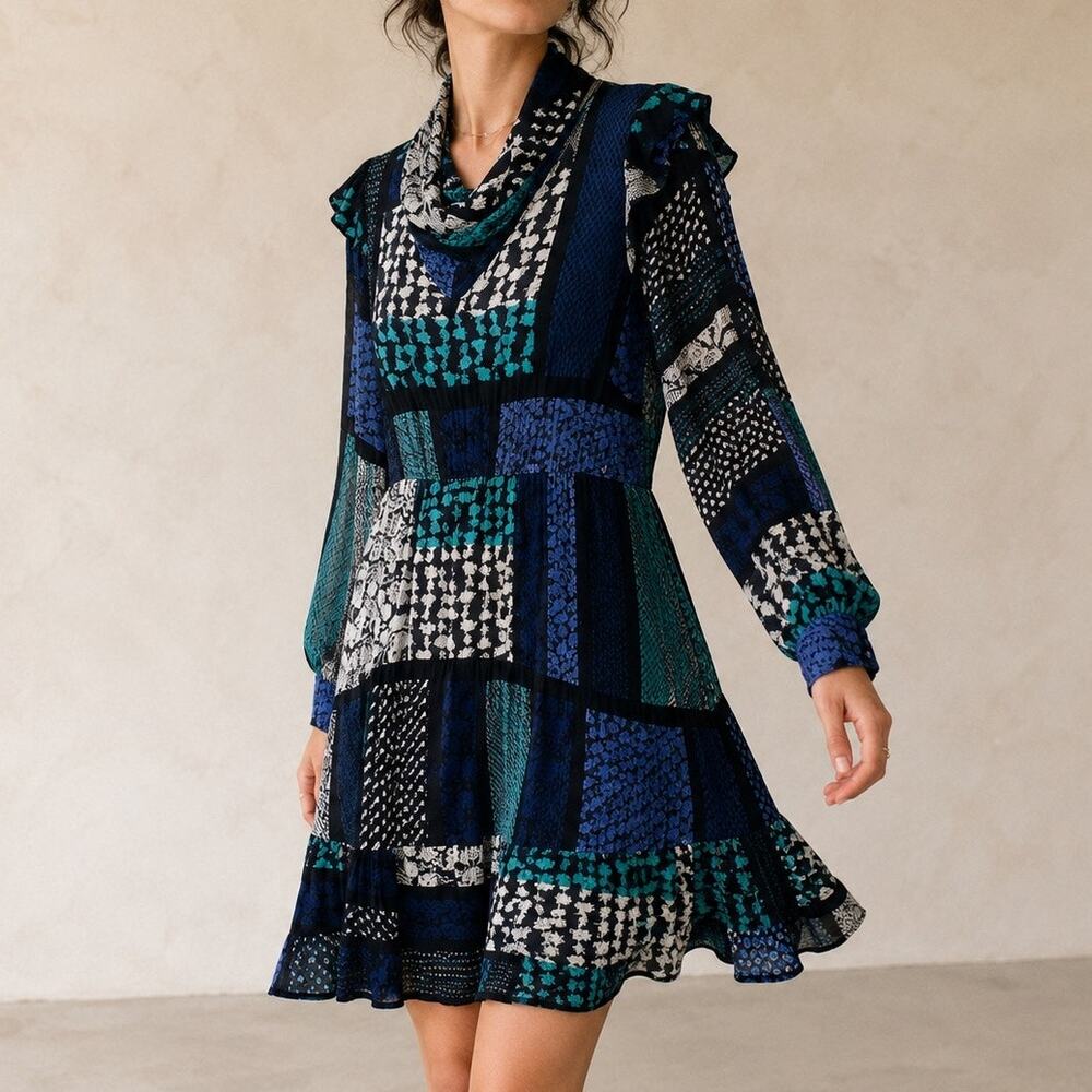 Derek Lam 10 Crosby Blue Silk Patchwork Cowl Neck Ruffle Dress Size 6 Whimsygoth